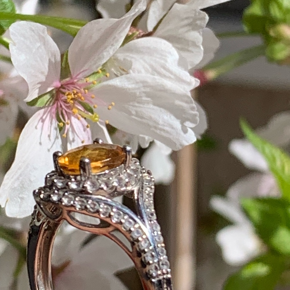 Sterling Silver Oval Cut Citrine Sparkly Ring with Cubic Zirconia